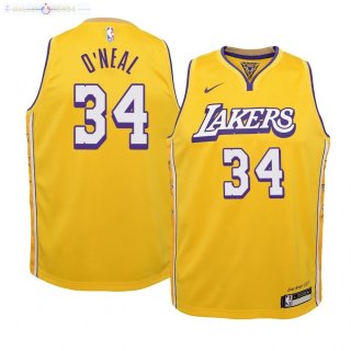 Maillot NBA Enfant Los Angeles Lakers NO.34 Shaquille O'Neal Nike Jaune Ville 2019-20